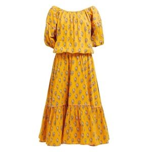 Rhode Yellow & White Floral Frida Off-Shoulder Cottagecore Cotton Midi Dress- XS